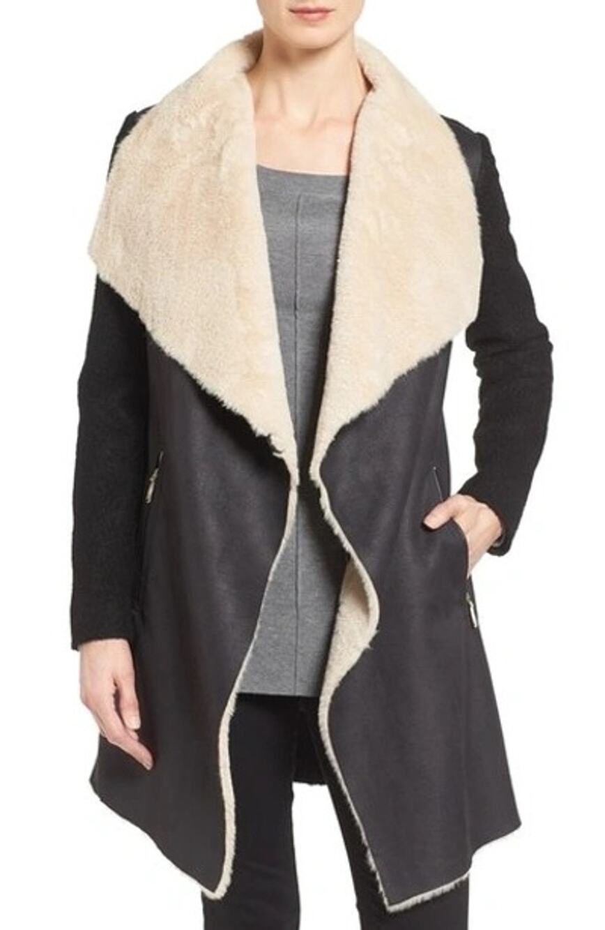 Calvin Klein Black Shearling Coat XL Draped Jacket Faux Fur Collar